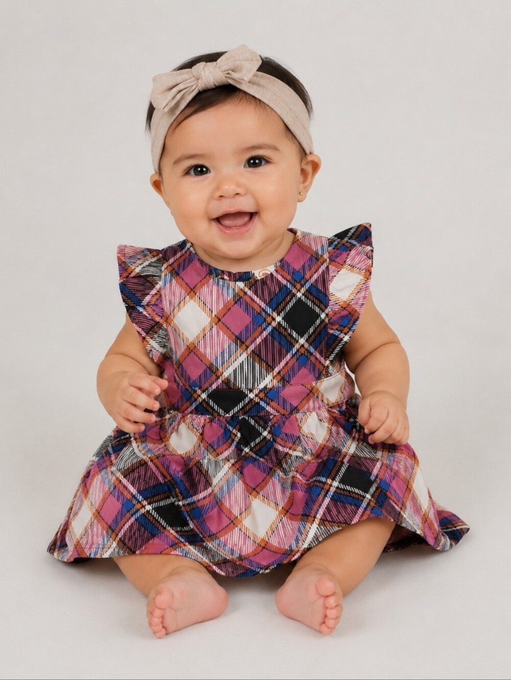 BK Colorful Plaid Ruffled Sleeve Strap Button BacK Colorful Plaid Sleck Dress 6M